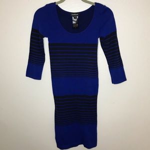 Bebe striped blue black bodycon 3/4 sleeve dress